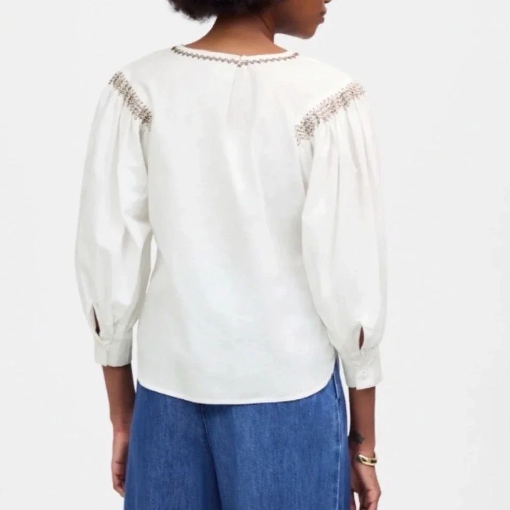 Madewell Embroidered Poplin Balloon-Sleeve Top White Boho Peasant Size‎ L
